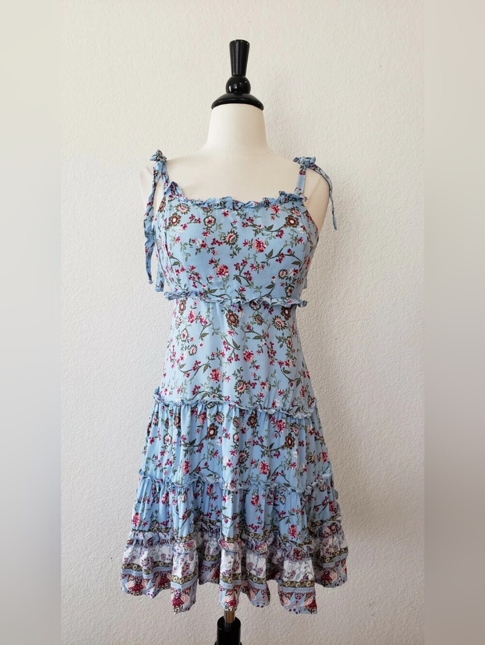 Light Blue Floral Tiered Sundress with Tie Straps